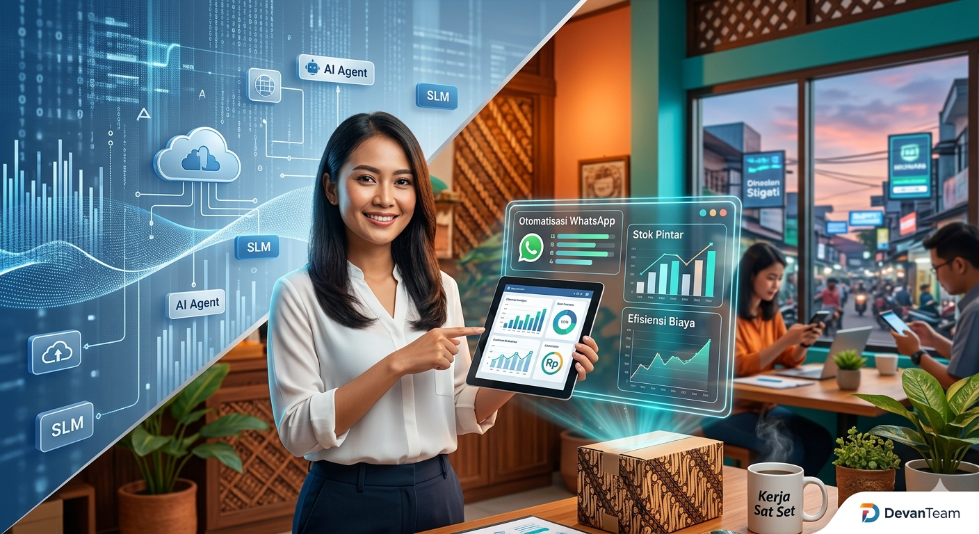 Infographic showcasing AI business trends 2025-2026 including AI Agents and Small Language Models for the Indonesian market.