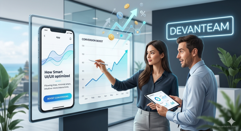 Modern UI UX design showcasing a minimalist mobile app interface with intuitive micro interactions and a rising chart illustrating high user conversion rates.